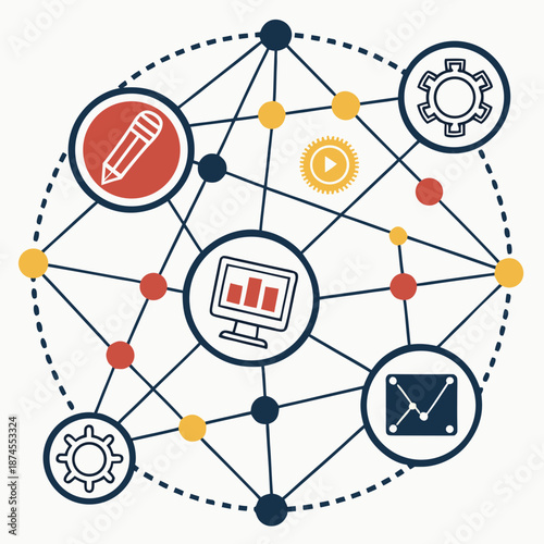 Professional Design Workflow and Branding Ecosystem Illustration with Geometric Icons and Technical Grid Overlays for Creative Agencies