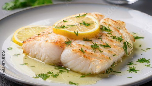 Grilled white fish fillet served with lemon slices, fresh herbs and butter sauce on plate. Healthy seafood dish presentation.