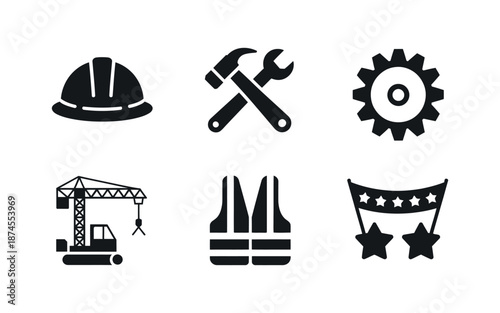 Set of black vector construction and labor day icons featuring hard hat, crane, tools, gear, and safety vest