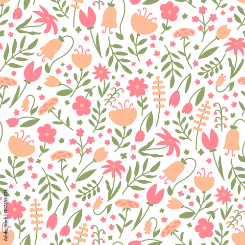 Abstract floral silhouette bright seamless pattern for print design. Simple doodle vector illustration.