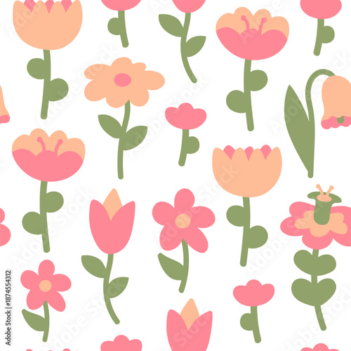 Modern floral seamless pattern on white backdrop. Simple flowers illustration.