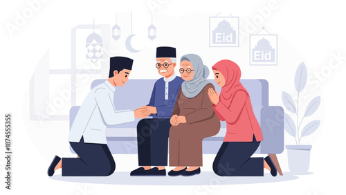 A heartwarming flat design illustration depicting a young Muslim couple respectfully asking for forgiveness from their elders during Idul Fitri