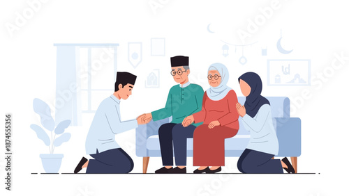 A heartwarming flat design illustration depicting a young Muslim couple respectfully asking for forgiveness from their elders during Idul Fitri