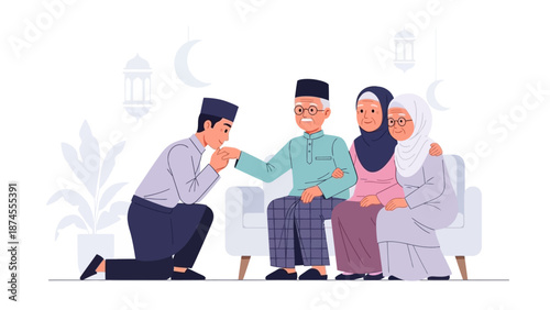 A heartwarming flat design illustration depicting a young Muslim couple respectfully asking for forgiveness from their elders during Idul Fitri