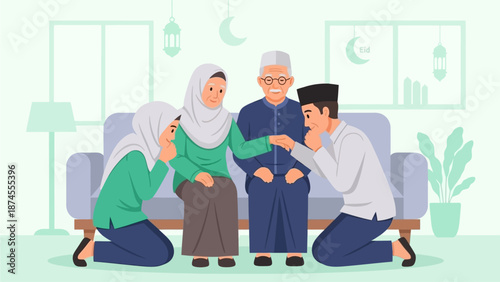 A heartwarming flat design illustration depicting a young Muslim couple respectfully asking for forgiveness from their elders during Idul Fitri