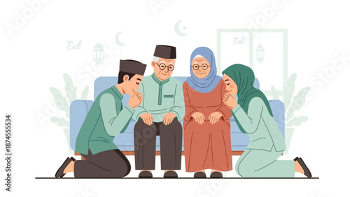 A heartwarming flat design illustration depicting a young Muslim couple respectfully asking for forgiveness from their elders during Idul Fitri