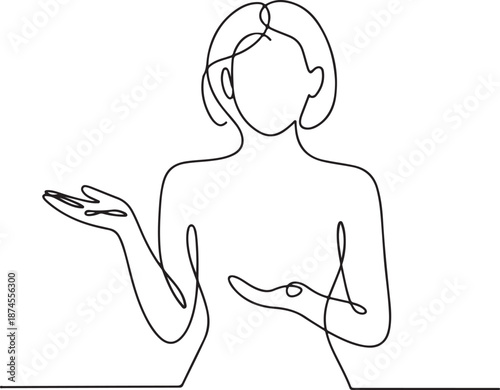 Continuous line drawing of a woman gesturing with hands, conveying elegance from a frontal perspective
