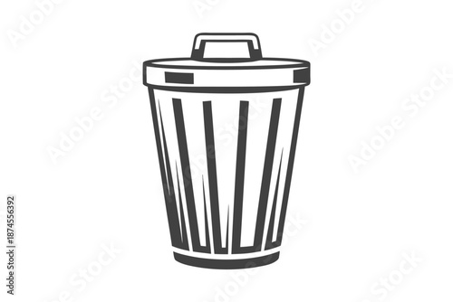 monochrome drawing shows a lidded trash container with vertical stripes on a white background