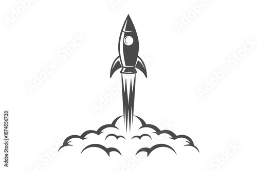 Monochrome space rocket launching upwards leaving behind a trail of smoky exhaust plumes