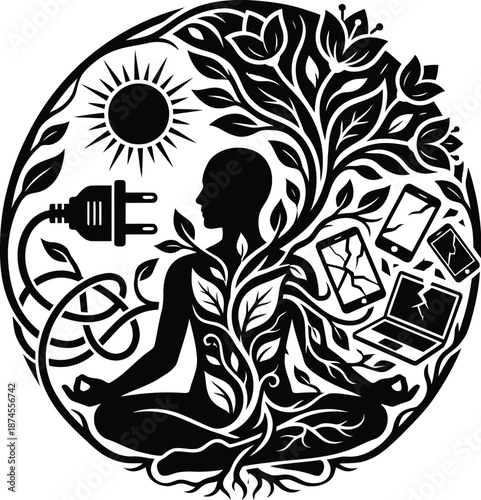 Digital detox concept with human silhouette and tropical plants