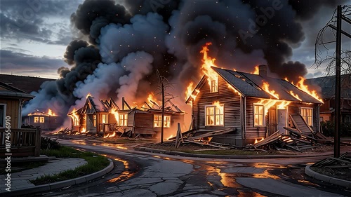 A large fire turns private buildings into burning ruins.