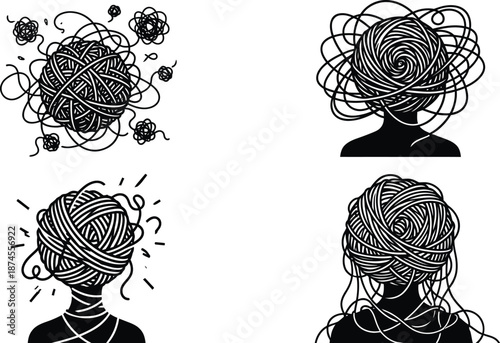 Overwhelmed person with messy yarn ball head conceptual vector