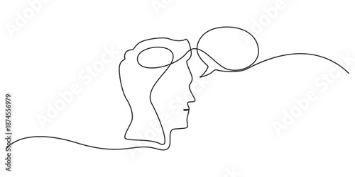 Continuous one line drawing of head with speech bubble. Concept of confused feelings worried about bad mental health. Editable stroke. Doodle vector illustration