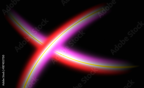 Abstract intersecting red and pink neon light curves on black background