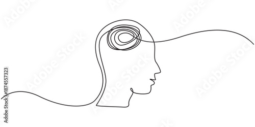 Continuous one line drawing of head with speech bubble. Concept of confused feelings worried about bad mental health. Editable stroke. Doodle vector illustration