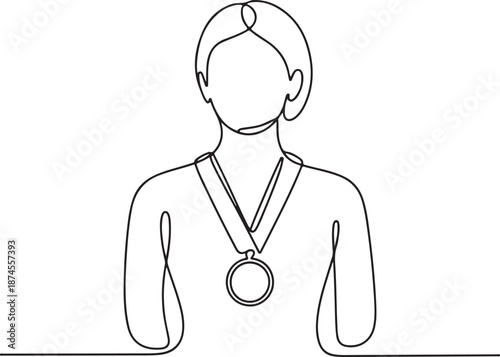 A young woman proudly wearing a medal around her neck in a simple line illustration