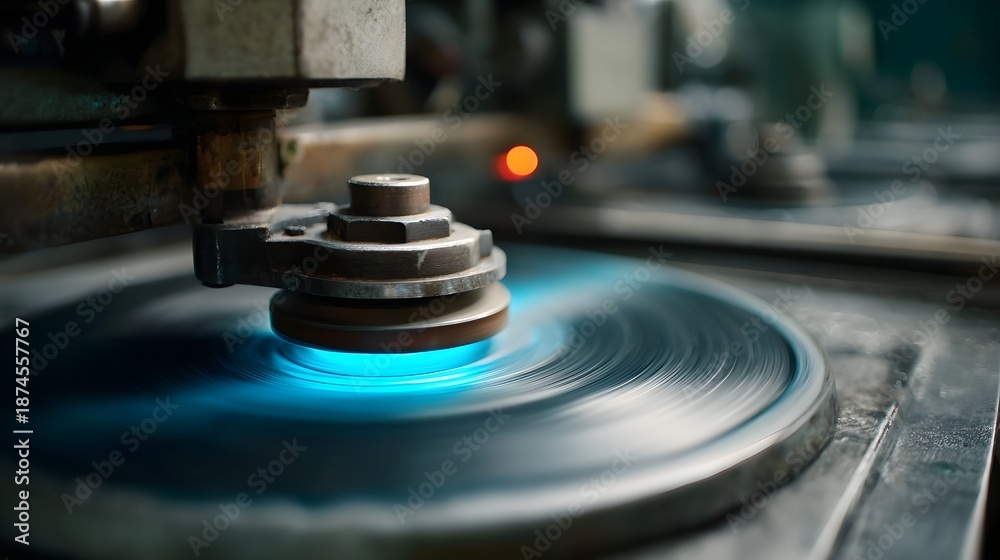 Fototapeta premium Industrial hinery detail a spinning element bathed in an intense blue glow symbolizing precision manufacturing and advanced technology