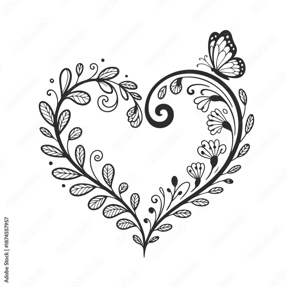 Obraz premium Delicate heart shaped floral design with butterfly and leaves