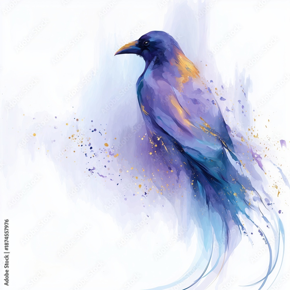 Naklejka premium Illustration of raven bird in soft watercolor style with abstract flowing background, elegant artistic wildlife composition, isolated on a white background