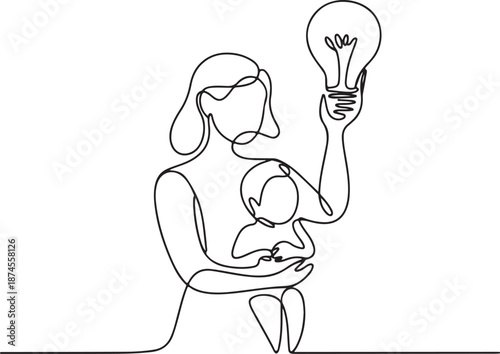 A mother gently holding her baby while holding up a light bulb