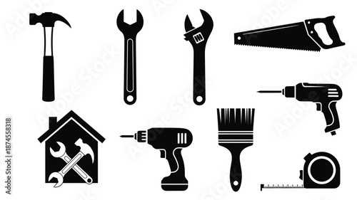 Tools collection including hammer wrench saw and drill black silhouette on transparent background