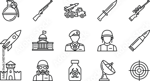 Vector collection of military and war icons set in black outline style featuring soldiers weapons and equipment isolated on white background for defense concept.