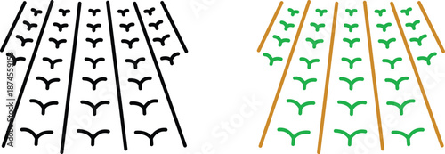 Perspective view of organized farm crop rows and agricultural field plantation for rural cultivation and farming concepts Vector Silhouette, Pictogram and Line Icon Set.eps
