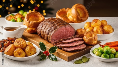 Holiday roast feast with beef and trimmings