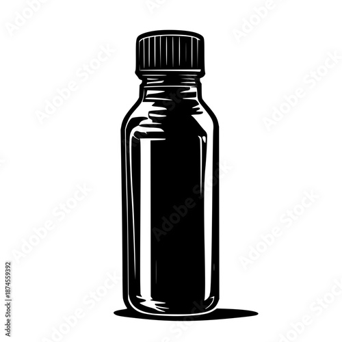 Compact electric protein shaker bottle vector illustration, minimalist black line art on stark white background, portable fitness hydration accessory