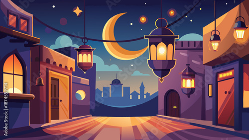 Old town at night with hanging lanterns and crescent — Ramadan street scene 2026–2027