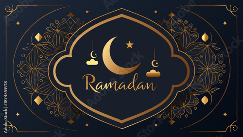Luxury Ramadan greeting frame with gold ornament and moon — 2026–2027 collection