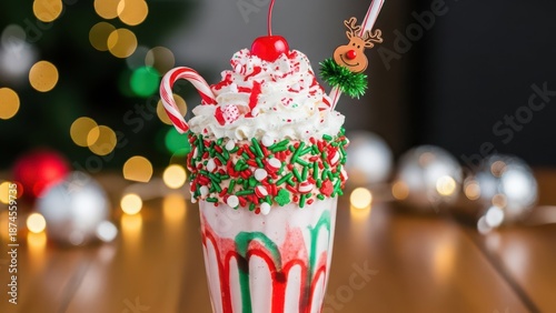 Holiday milkshake with festive decorations