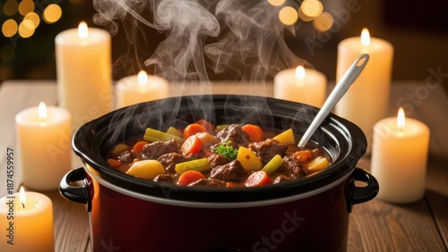 Cozy beef stew with candles
