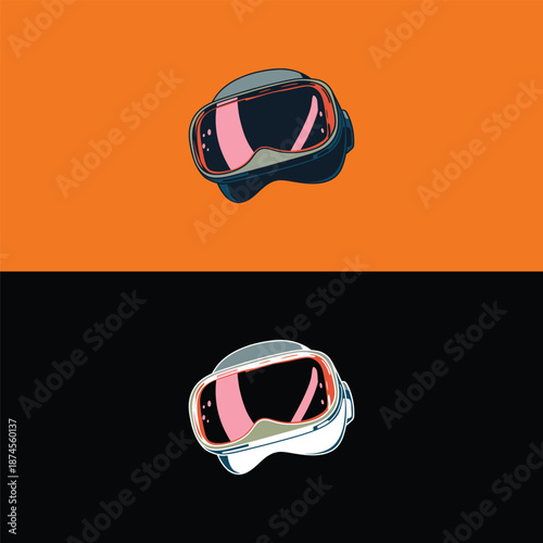 Futuristic VR headset illustration with pink lenses, displayed against orange and black backgrounds.
