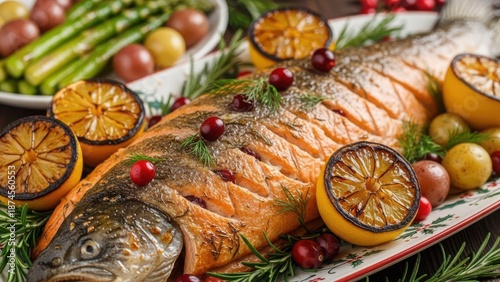 Gourmet salmon platter with citrus and herbs