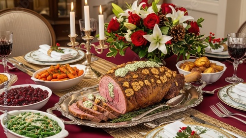 Elegant holiday feast with roasted meat and side dishes
