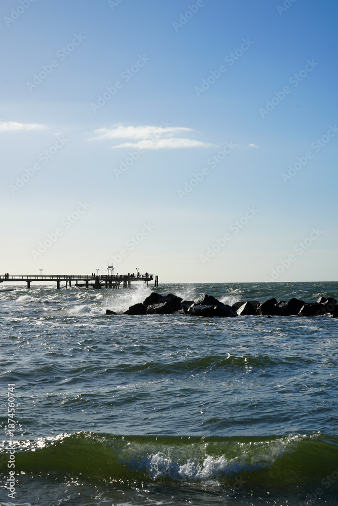 Fototapeta premium Wustrow Pier silhouette and baltic sea, vertical view