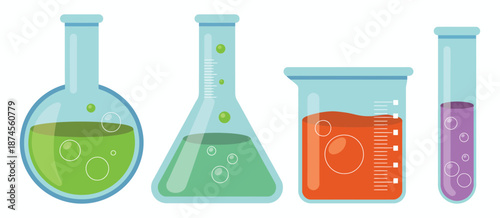 Laboratory Glassware with Colorful Liquids for Science Experiments, Illustrating Chemistry Beakers, Flasks, Test Tubes with Vibrant Solutions, Education, Scientific Research, Lab Work, Web Design