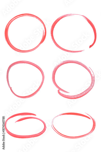 Collection of red paint drawn elements. Red circles. Group of red gouache circles. Hand drawn red ovals. Doodle round freehand circular lines.Circles for messages, notes and  marks.Vector illustration