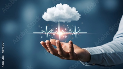 Human hand gently holds an illuminated heartbeat line with medical crosses and a healthy cloud above.