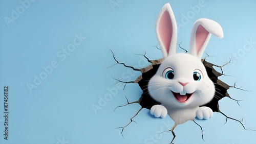 A cheerful cartoon bunny bursting through a wall