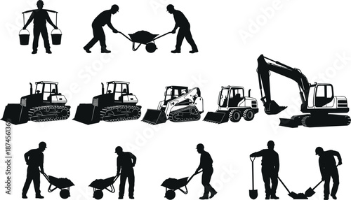 Construction workers and heavy machinery silhouettes set featuring laborers, wheelbarrows, bulldozers, loaders, excavators for building, engineering, industrial projects worldwide industry