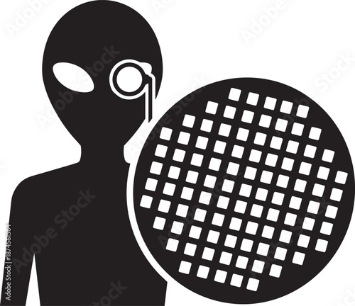 Alien silhouette with magnifying glass over wafer, extraterrestrial technology or science fiction concept