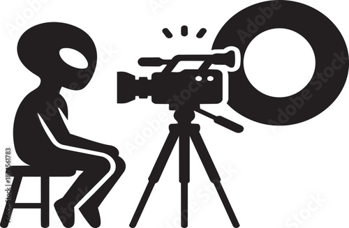Extraterrestrial being operating professional video camera on tripod with large ring light gear