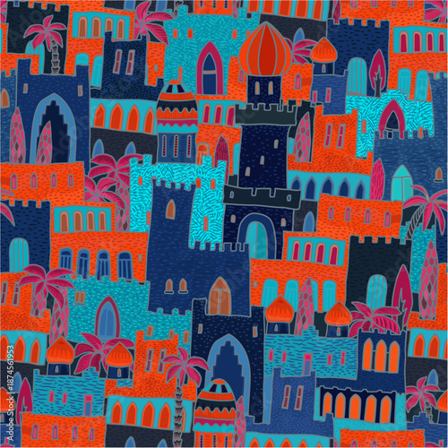 Vector Seamless pattern of fairy tale night oriental medieval town