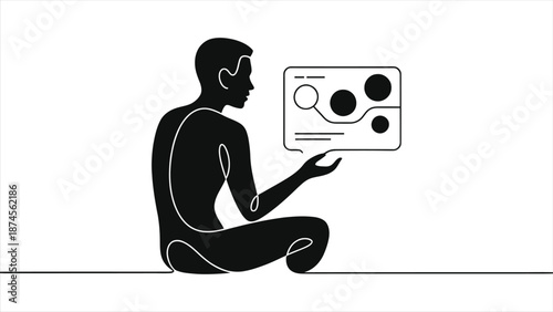 Person controlling AI dashboard vector silhouette. Man managing artificial intelligence interface and data analysis system. Futuristic technology, virtual reality, and smart monitoring concept.