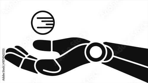 AI Robotic Hand Holding Digital Data Sphere, Minimal Black Glyph Vector Icon. Artificial Intelligence Cybernetic Manipulator Palm with Information Ball, Futuristic Machine Learning Big Data Tech 
