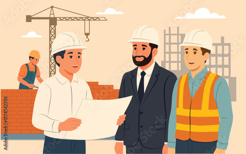 Flat vector illustration of construction engineers and architects reviewing blueprints at a building site. Concept of teamwork, planning, engineering, and professional construction project management.