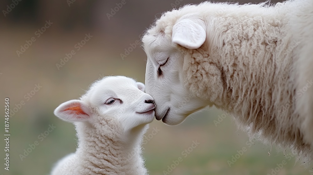 Fototapeta premium Sheep and young lamb display affectionate closeness amidst lush springtime pasture scenery