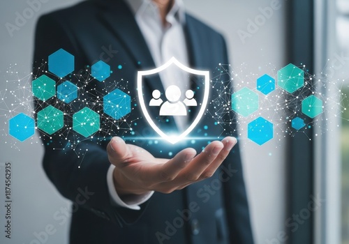 Business professional protecting customer data network with glowing shield icon, illustrating robust digital security and organizational integrity concept.